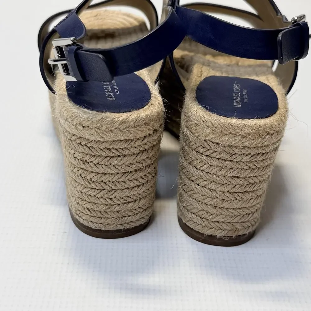 Michael Kors Collection Sandals Womens Size 8 Blue Leather Espadrille Wedge